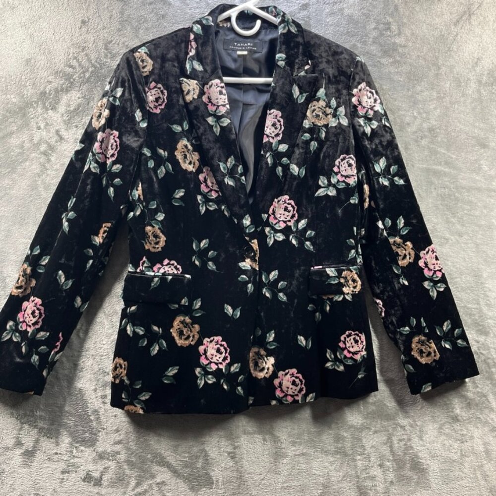 Tahari Blazer Womens 10 Black Floral Velvet Dark Preppy Academia Career